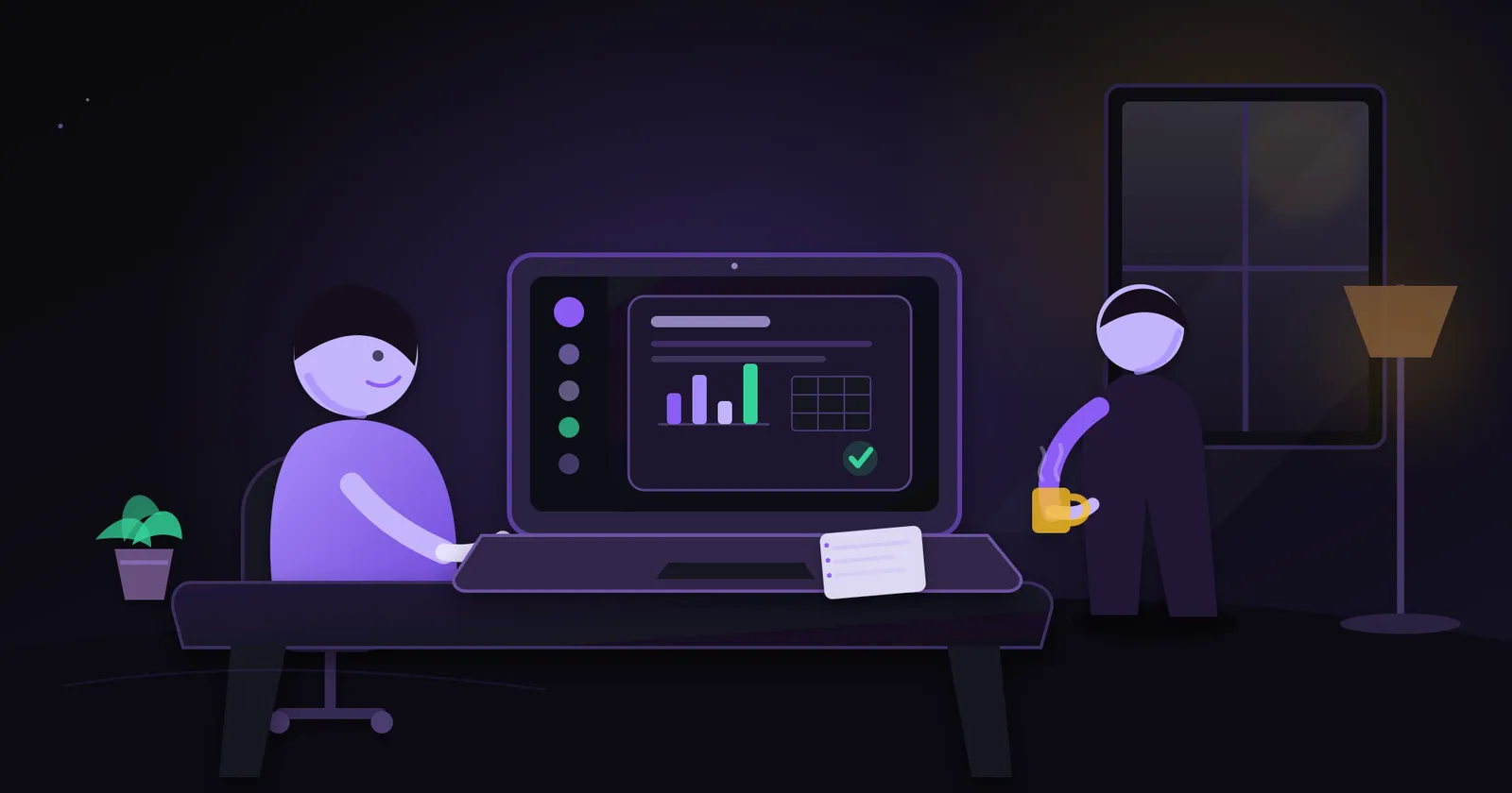 A person at a desk smiling at a laptop that shows a chart with a green check mark, a colleague holding a mug beside a window and a lamp, and a small plant on the desk, in purple and dark tones