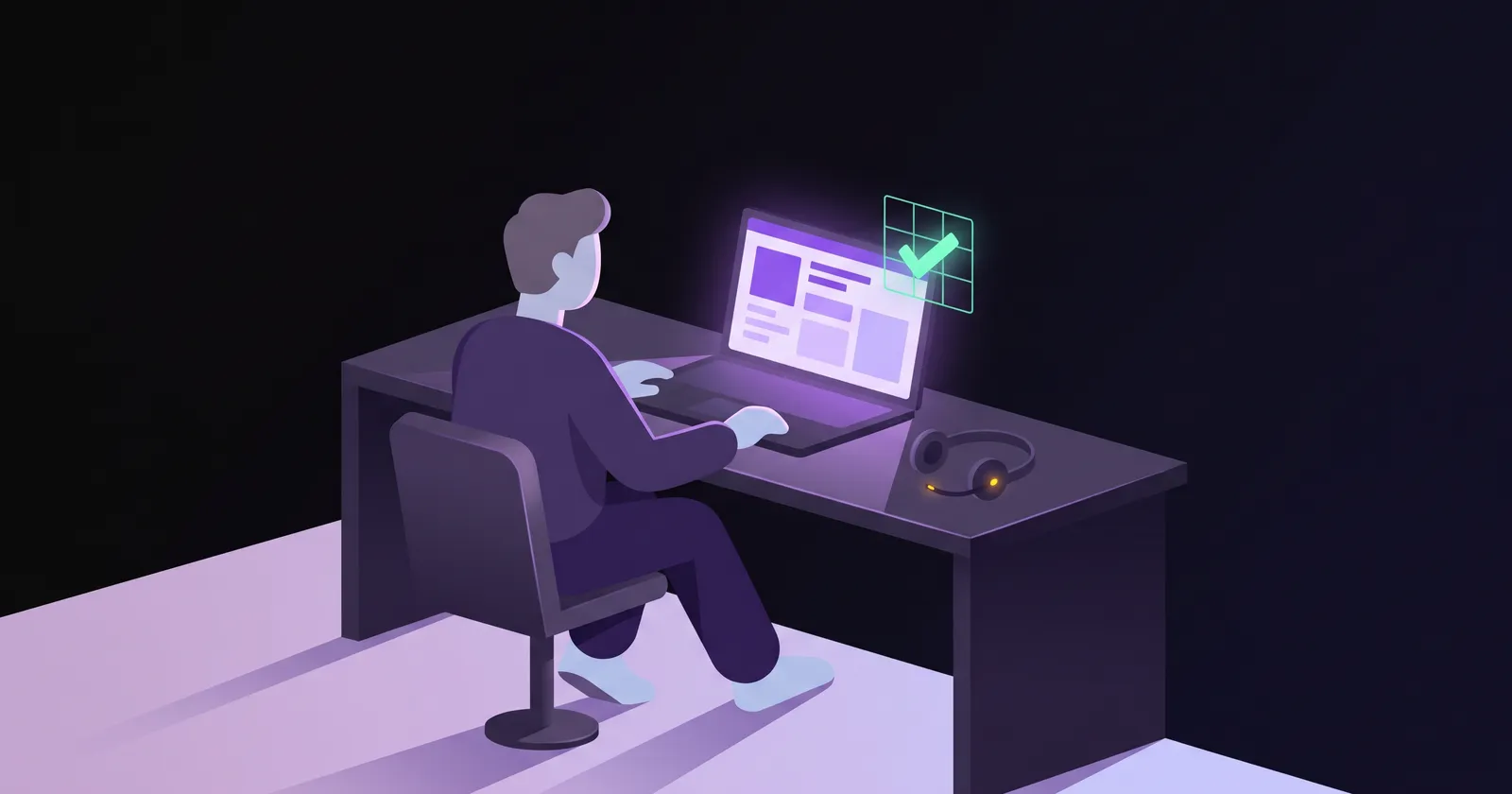 A sales rep at a tidy desk between calls glancing at a laptop where a chat thread holds a finished summary of deal updates, in a warm afternoon office