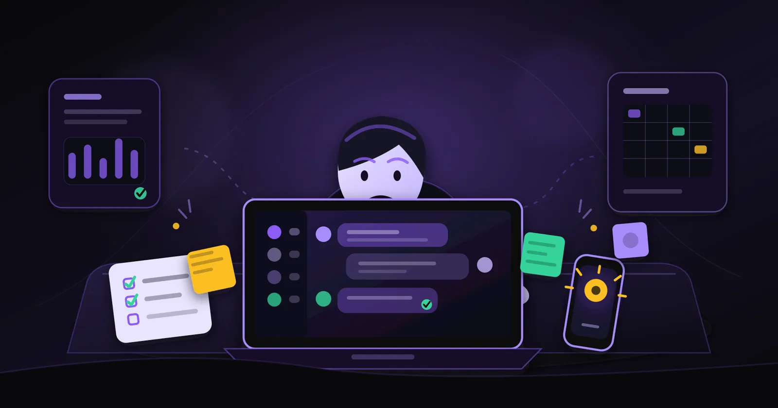 An operations lead at a desk late in the afternoon with a laptop showing a busy chat window, colorful sticky notes, a lit-up phone and a half-finished task list around them, looking pulled in different directions