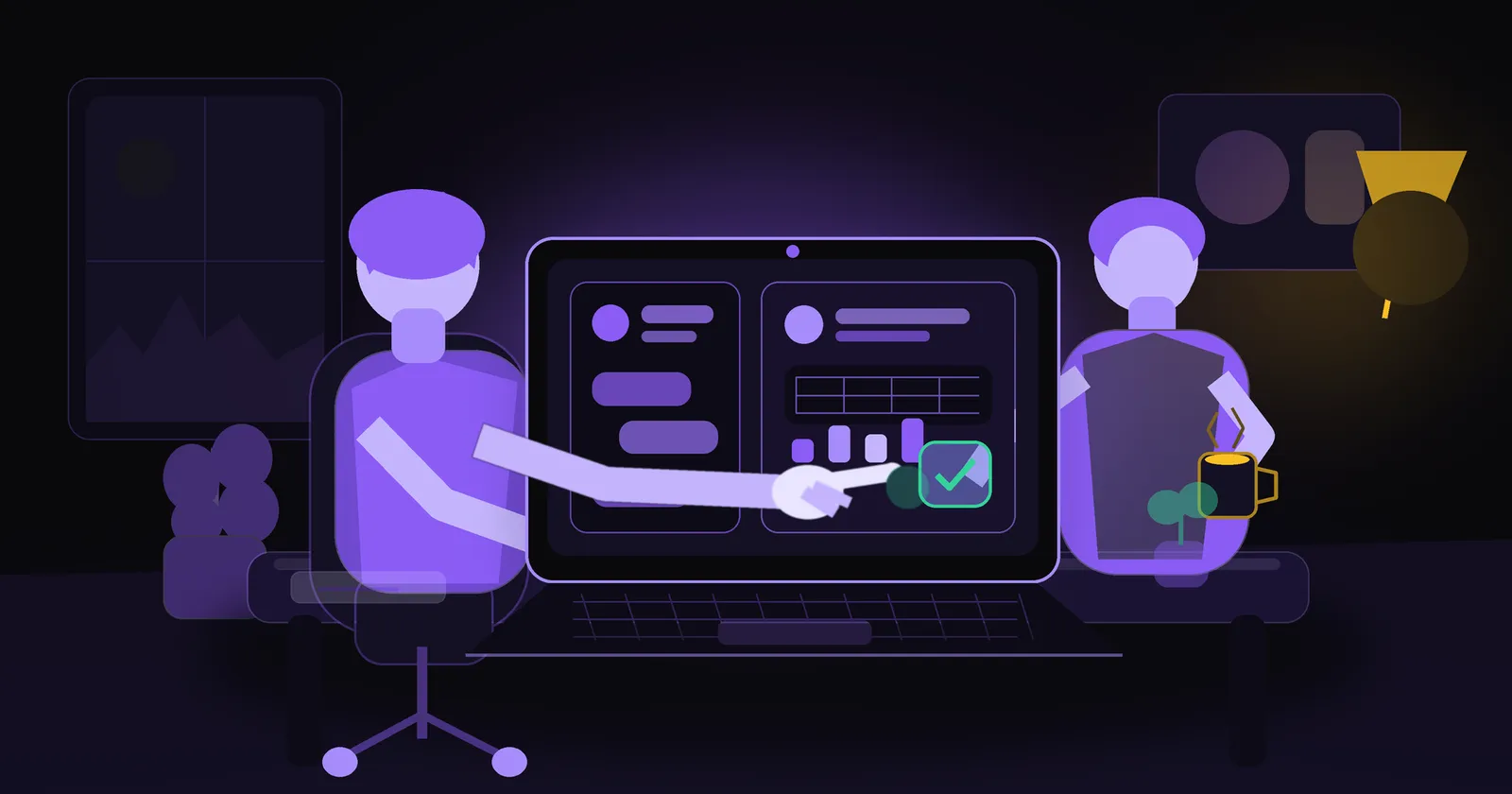 An operations manager at a desk reviewing a drafted payment on a laptop with a finger hovering over an approve button while a colleague stands nearby with a coffee