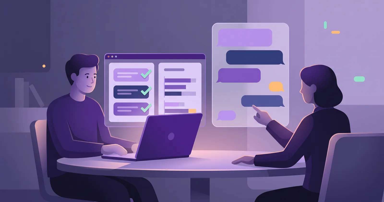 A team lead at a desk reviewing a first week checklist and a finished report on a laptop while a colleague points at a chat thread in warm office light