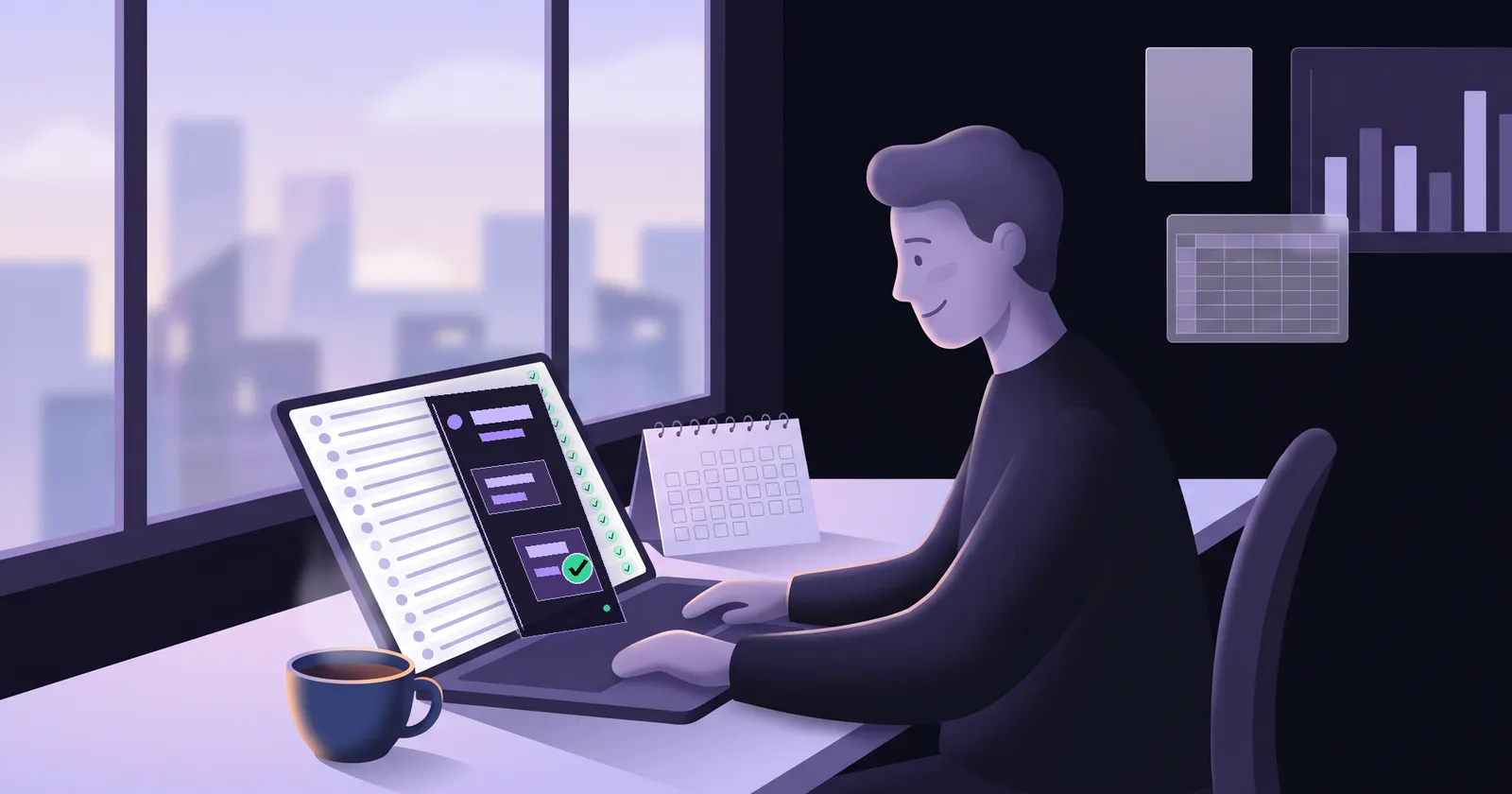 An operations lead at a desk reviewing a structured checklist on a laptop beside a chat window where a finished task has been posted, with a coffee mug nearby, in purple and dark tones