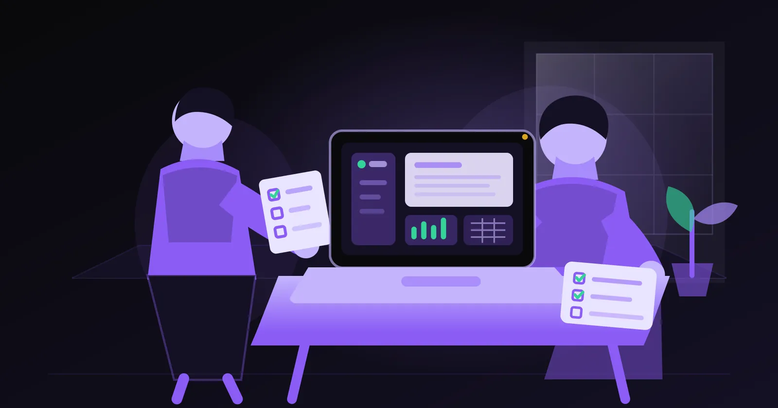 Two colleagues at a desk in a dark purple illustration, each holding a checklist with some boxes ticked, with a laptop between them showing a finished report with a bar chart