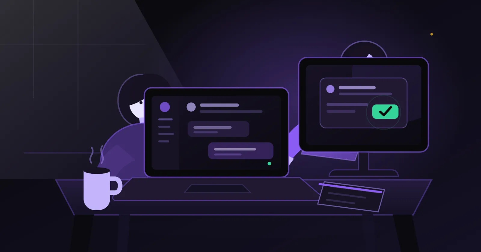 A person at a desk with a laptop showing a chat thread, beside a second monitor with a request card and a green approve check mark, with a steaming mug in purple and dark tones