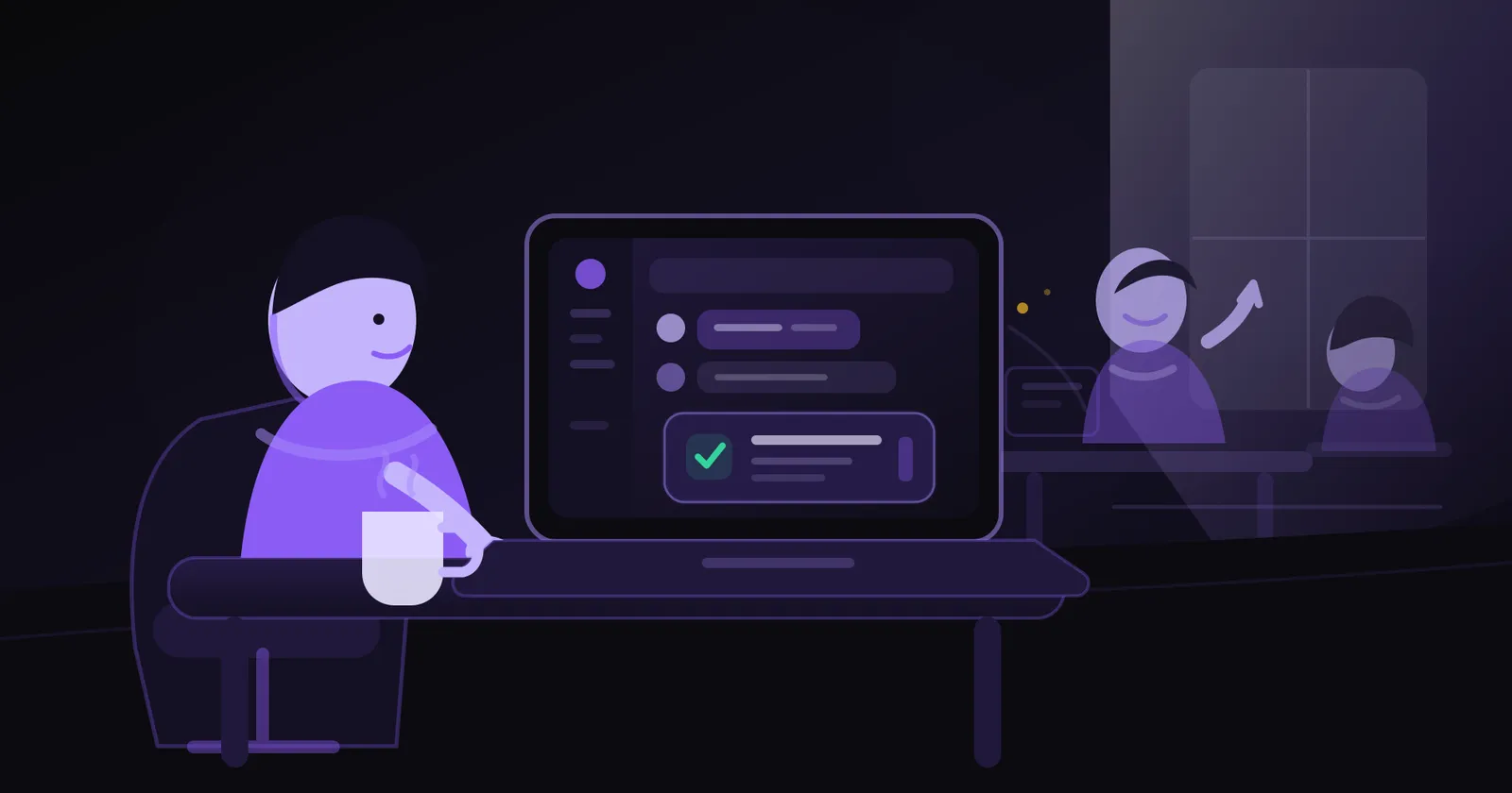 A team lead at a desk on a Monday morning reading a compiled weekly update in a chat thread on a laptop, with a coffee beside them and relaxed colleagues in the background