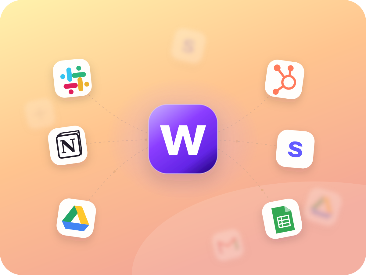 Wopie connected to Slack, HubSpot, Notion, Stripe, Google Drive and Google Sheets